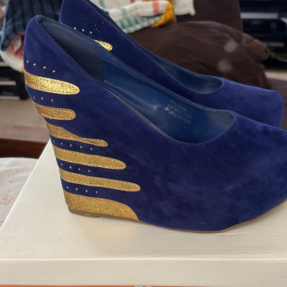 Stylish Blue and Gold Wedge Heels